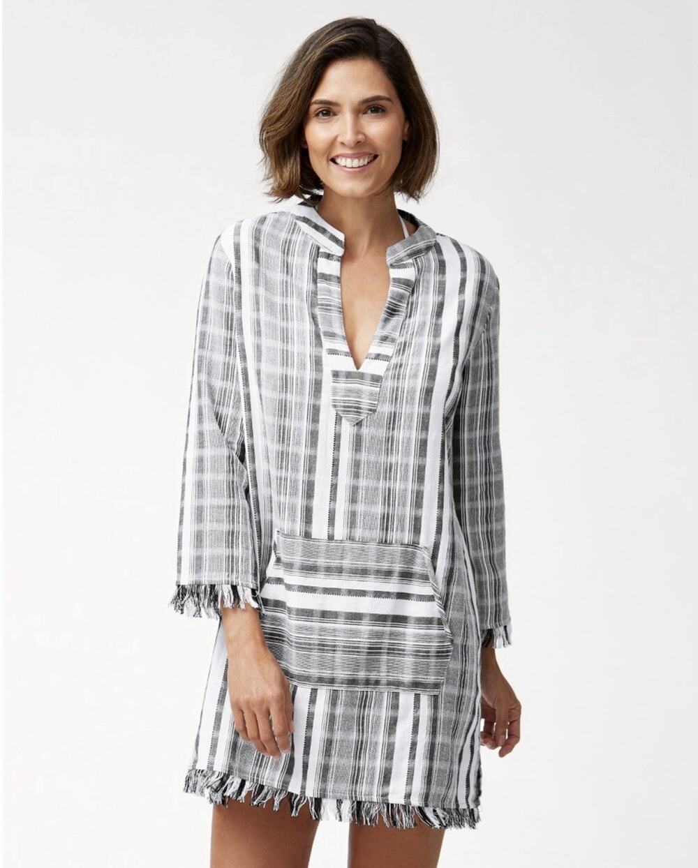 Tommy Bahama Yarn-Dyed V-Neck Popover Tunic Top Cover-Up XS Cotton Blue White